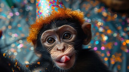 a monkey with a party hat on its head sticking its tongue out and sticking its tongue out with a party hat on it's head. - obrazy, fototapety, plakaty