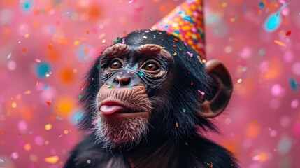 a monkey wearing a party hat with confetti on it's face and a party hat on it's head.