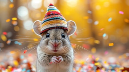 a close up of a rat wearing a knitted hat with confetti on it's head and looking at the camera.