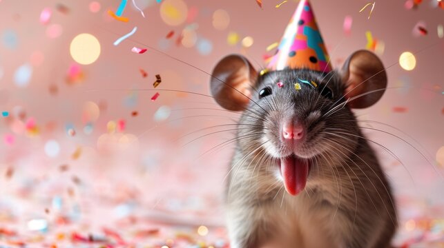 a rat wearing a party hat with confetti on it's head and it's tongue out.