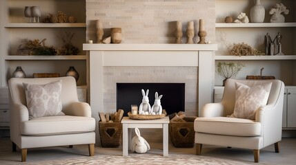 A cozy fireplace nook with built-in shelves displaying a collection of ceramic rabbits and Easter decorations. A soft area rug covers the floor, and a pair of comfortable armchairs flank the fireplace