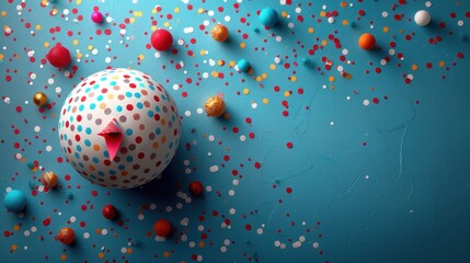 a white ball with a red bow on top of it surrounded by confetti and sprinkles.