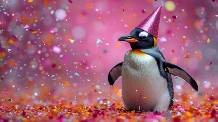 a penguin with a party hat on standing in a field of confetti and confetti flakes.