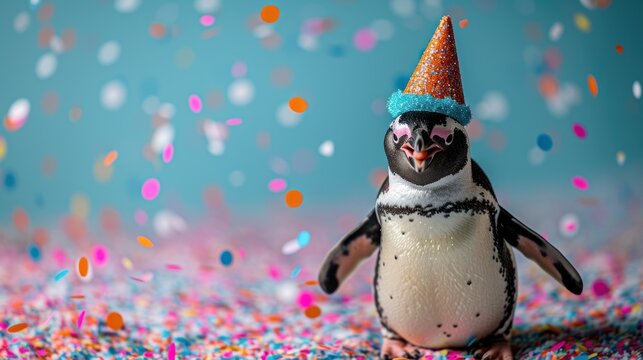 a small penguin with a party hat on it's head standing in confetti sprinkles.