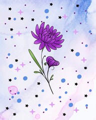 line art drawing of flowers on a watercolor background with doodle parterre. minimalism sketch, idea for invitation, design of instagram stories and highlights icons