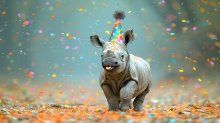 a baby rhino with a party hat running through a field of confetti and confetti sprinkles.