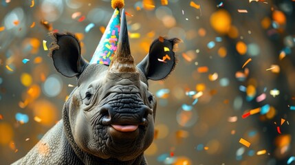 a rhino wearing a party hat with confetti on it's head and a party streamer in the background.