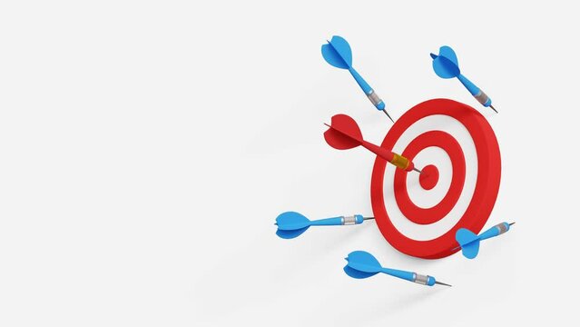Success after many failures concept. Practice until succeed. Success rate, effort or cost to reach goal or target. Archery target on wall with one hitting and many missed arrows. 4k 3d animation
