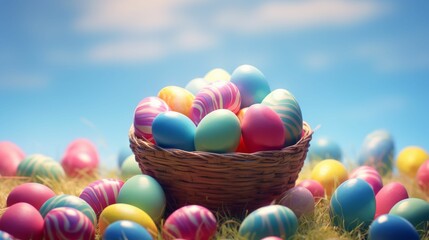 Basket Full of Colorful Eggs on Grass-Covered Field
