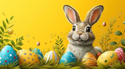 a painting of a rabbit sitting in a field of grass with painted eggs in front of a bright yellow background.