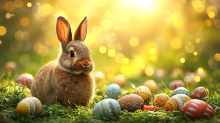 Fototapeta na wymiar a rabbit sitting in the grass surrounded by easter eggs with the sun shining through the trees and boke of boke boke boke bokes in the background.