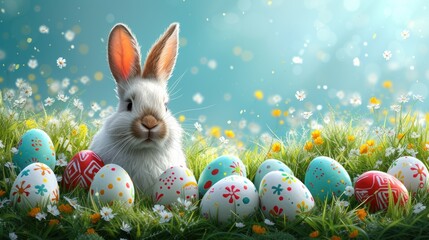 a rabbit sitting in a field of eggs with daisies and daisies in the foreground and daisies in the background.