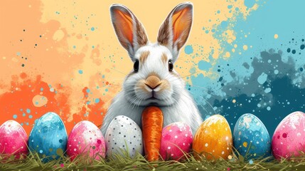 a painting of a rabbit holding a carrot in front of a row of painted eggs on a grass covered ground.