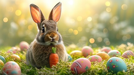 Fototapeta na wymiar a rabbit is eating a carrot in a field of eggs with a boke of boke boke boke boke boke boke eggs in the background.