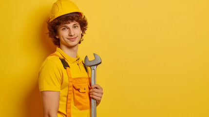 A young handsome man in a yellow construction helmet.