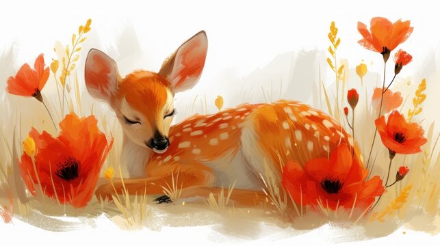 a painting of a fawn laying down in a field of flowers with its head resting on a fawn's back.