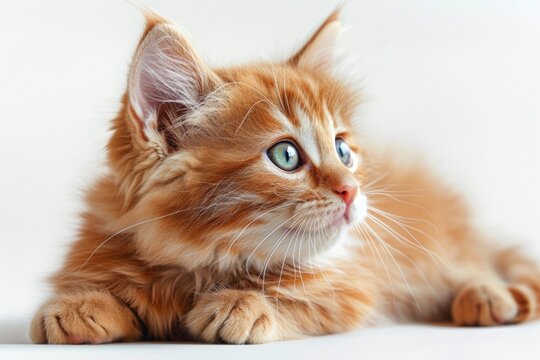 a fluffy orange kitten with blue eyes is laying down on a white surface