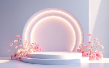 3d render, abstract minimal scene with geometrical forms, podiums, palm leaves, flowers on a blue background.