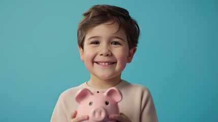 Fototapeta na wymiar Happy boy holding a pink pig piggy bank in his hands.