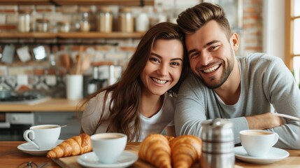 Happy beautiful young couple drinking coffee in the morning in the kitchen.
