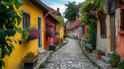 A winding cobblestone street in a European village, lined with colorful houses and blooming flower boxes