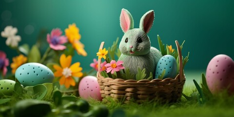 Bunny Sitting in Basket With Flowers and Eggs