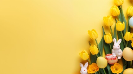 Bouquet of Yellow Tulips and Easter Eggs on Yellow Background - obrazy, fototapety, plakaty