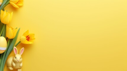 Yellow Background With Yellow Flowers and Easter Eggs - obrazy, fototapety, plakaty