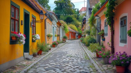 Fototapeta na wymiar A winding cobblestone street in a European village, lined with colorful houses and blooming flower boxes