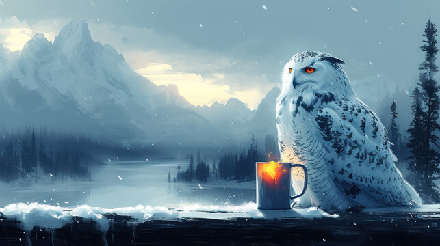 a snowy owl sitting next to a mug with a glowing candle in front of a snowy mountain scene with a lake and pine trees.