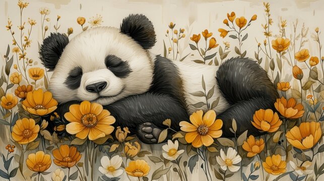 a painting of a panda bear laying down in a field of flowers with his eyes closed and his head resting on his hands.