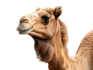 Obraz premium Close-up of a camel’s face with detailed fur and a serene expression. Transparent png background.