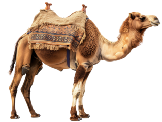 A camel with a decorative saddle ready for riding. Transparent background.