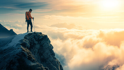 Positive uplifting image of a man wearing an orange jacket and orange backpack, standing on a rocky mountain top with hiking pole above a sea of clouds, looking at sunrise. Copy space, 16:9 - obrazy, fototapety, plakaty