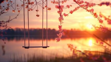 A white rope swing hangs on a blossoming pink sakura branch