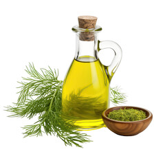 fresh raw organic dill oil in glass bowl png isolated on white background with clipping path. natural organic dripping serum herbal medicine rich of vitamins concept. selective focus - obrazy, fototapety, plakaty