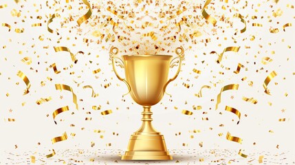 Trophy cup. Sport award, shining golden cup, falling confetti, champion trophy. Champions realistic vector celebration winning concept; winner prize. isolated white background  - obrazy, fototapety, plakaty