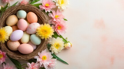 Naklejka na ściany i meble Birds Nest Filled With Eggs Surrounded by Flowers