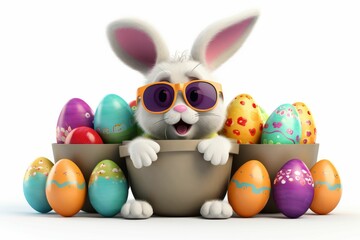 White Rabbit Wearing Sunglasses Sitting in a Bowl of Eggs