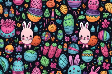 Colorful Easter Eggs and Bunnies on a Black Background