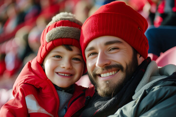 Father and son at the stadium cheering for their favourite team
