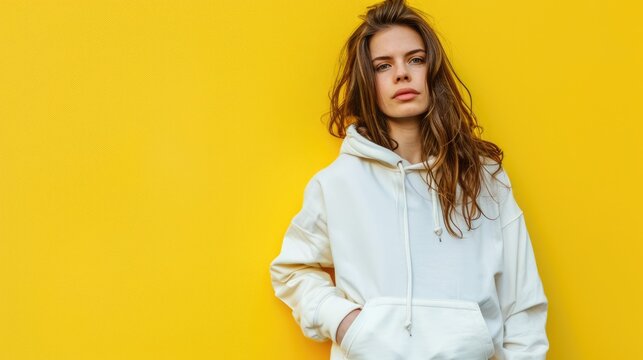 young Scandinavian woman stay in white hoodie, full body, fashion style