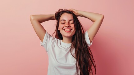 Fototapeta premium young cheerful woman stay in white t shirt, fashion style, isolated on clean pastel background