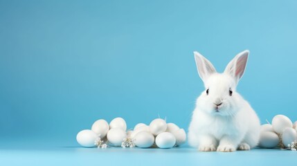 White Rabbit in Front of Group of Eggs