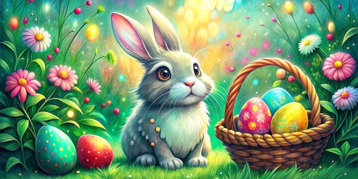 Watercolor illustration for Easter Day, bunny, flowers and painted eggs in soft pastel colors on blurred background bokeh, for greeting card design or social media post, space for tex