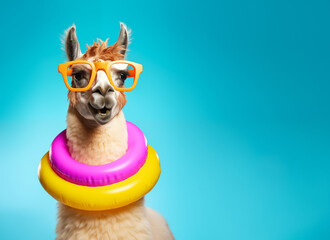 A quirky llama wearing sunglasses and a colorful swim ring against a bright blue background