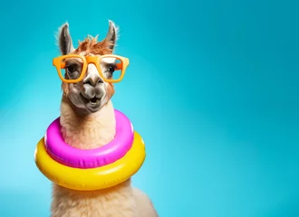 Foto op Canvas A quirky llama wearing sunglasses and a colorful swim ring against a bright blue background © paffy