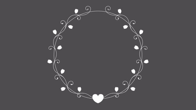Animated organic frame with vines,  flowers and heart icon forming a circle. White on a transparent background