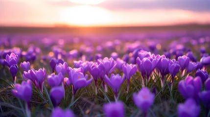 Fotobehang Purple crocuses blooming in spring, against the sunshine, saffron a living spice © Alina Zavhorodnii
