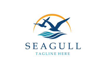 icon of sea waves with seagulls isolated on white background